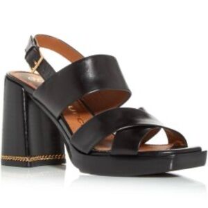 Tory Burch Ruby Chain Black Leather Slingback Block Heel Sandals Size 8.5